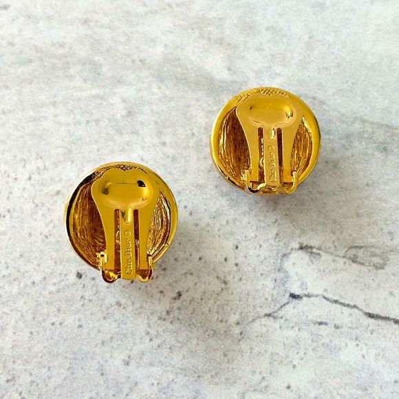 Vintage Christian Dior Black Enamel Rhinestone Earrings Gold Plate Hexagonal 90s - Picture 3 of 5